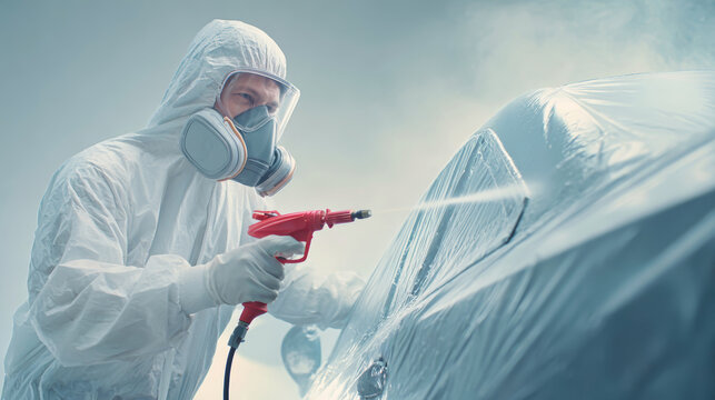 A worker applies paint to a car in a workshop. The worker wears protective gear and uses a spray tool. The area has a light mist from the paint process