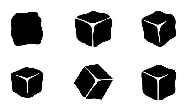 Six Black Ice Cubes, Various Angles, Minimalist Vector Icons for Drinks and Refreshment