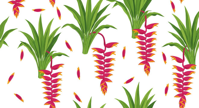 Tropical floral pattern, colorful bromeliad flowers, green leaves, red and orange petals, seamless design