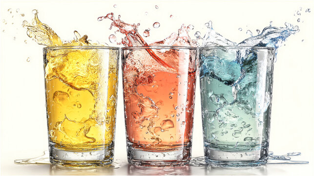 Three glasses filled with different colored drinks splash as liquid spills outward. Bubbles rise in the air during a social gathering with friends