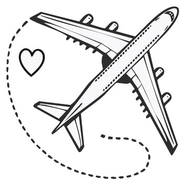 Illustration of an airplane with a heart shaped symbol and dotted line trail for travel and love