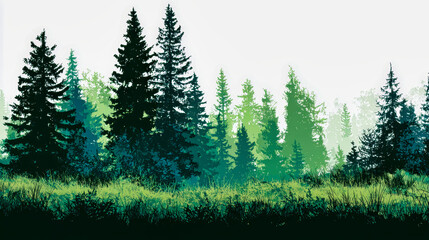 Fototapeta premium Tall trees rise from a grassy area, their leaves catching the soft light of the morning sun. The scene shows green foliage and a peaceful forest landscape