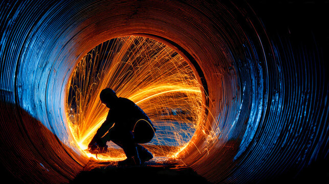 A worker creates sparks while welding inside a large metal pipe in an industrial area at night. The sparks light up the surroundings with bright colors