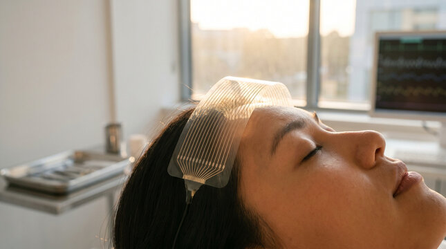 Close detail of a translucent electrode array pressed against a human scalp, golden hour light catching each filament, scientific yet intima 3