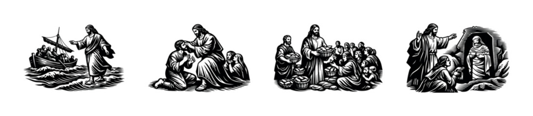 Fototapeta premium Jesus performs miracles, feeding the hungry and raising the dead