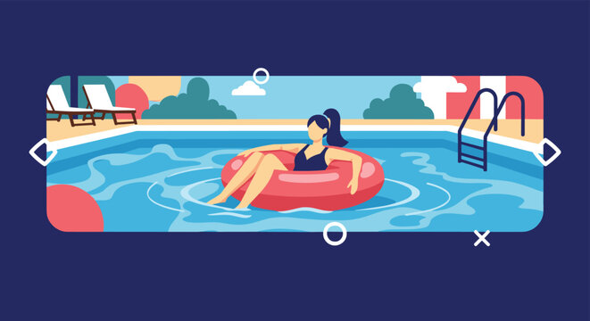 Woman relaxing on a red inflatable ring in a blue swimming pool during her summer vacation to enjoy the sun and water in a resort.