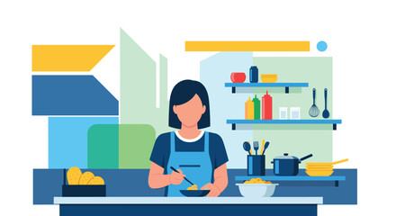 Fototapeta premium Focused female chef in a blue apron prepares a meal in a modern kitchen filled with various cooking utensils and organized shelves.