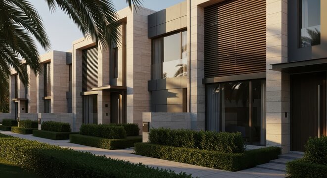 Modern townhouses with landscaping, eye-level view, suburban setting, sunny