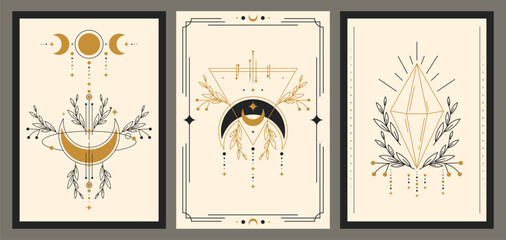 Naklejka na ściany i meble Mystical esoteric posters set with witchcraft symbols. Vector illustration of mysterious banners with crescent moon, triangle, crystal and floral decoration on beige background, occult design