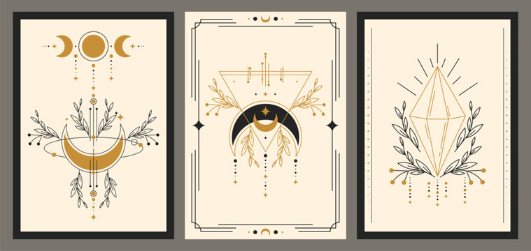 Mystical esoteric posters set with witchcraft symbols. Vector illustration of mysterious banners with crescent moon, triangle, crystal and floral decoration on beige background, occult design