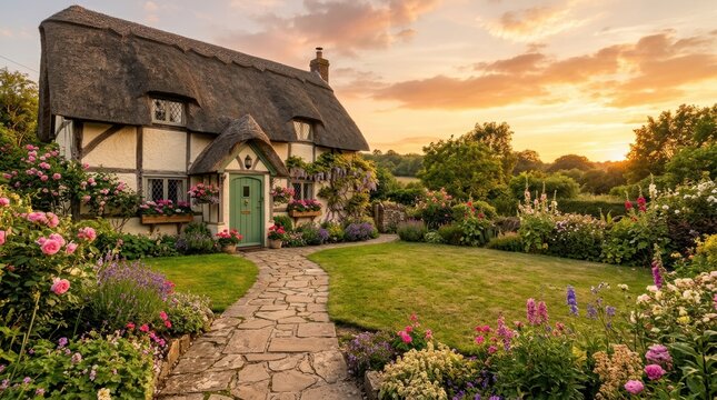 Charming thatched cottage with a blooming garden at sunset