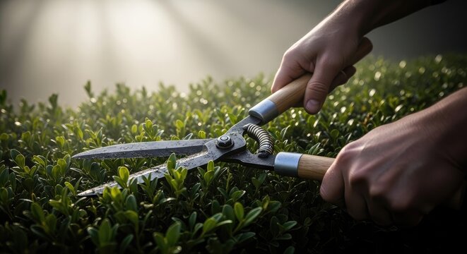 Hands using pruning shears on hedge.