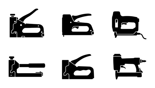 Stapler Icons Set, Heavy Duty Staple Gun Vector Graphics, Office Tool Silhouettes