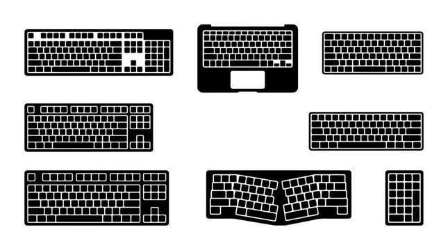 Diverse Keyboard Collection, Computer Input Devices, Typing Technology Icons, Ergonomic and Standard Layouts