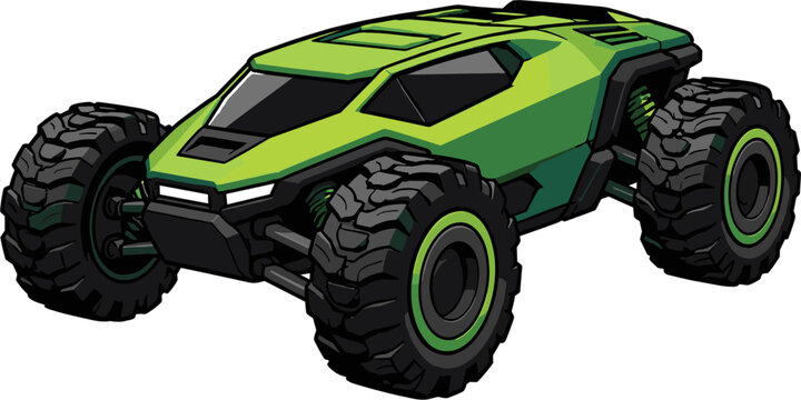 Pixel art buggy vehicle, green offroad car with large tires, adventure transport, retro game style