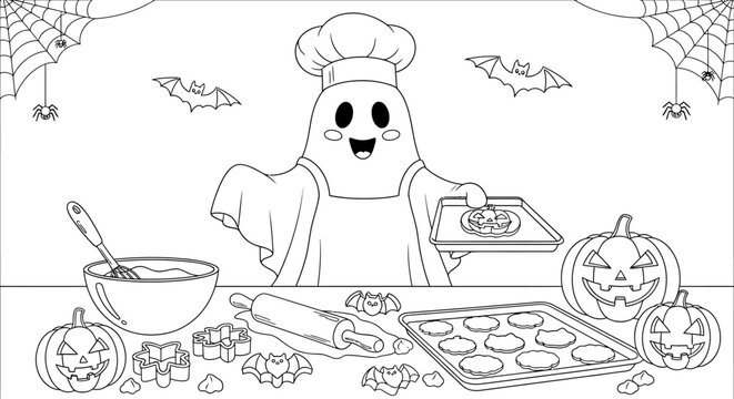 Cute cartoon ghost chef baking Halloween cookies and pumpkins, line art illustration for kids coloring page