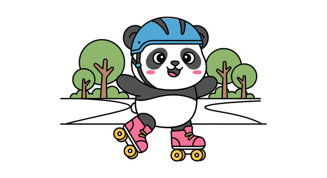 Cute cartoon panda wearing a helmet and roller skates, happily skating in a park with trees and a path.