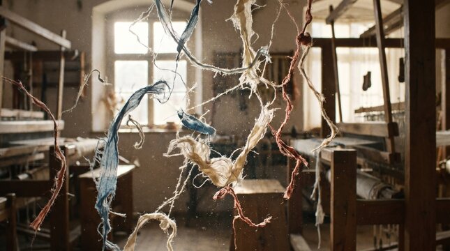 Torn fabric threads floating in air slow-motion feel