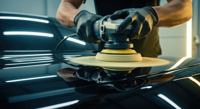 Man polishing car with buffer machine.