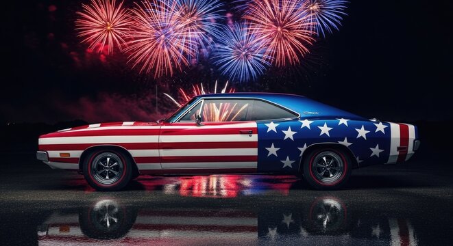 Classic american muscle car with patriotic flag paint job and fireworks