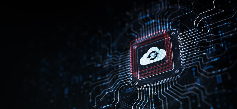 Cloud Enabling Scalable Solutions for Data Storage Illustrated on a Processor Touched by a Human Hand.