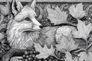 Naklejka premium Intricate Fox Portrait Amidst Lush Foliage in Black and White Art