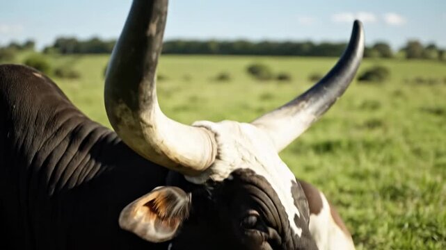 Majestic Ankole cattle with impressive, curved horns resting peacefully in a sun-drenched grassy field, showcasing the beauty of African livestock and pastoral landscapes