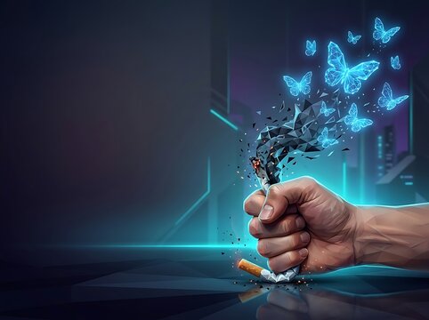 Fist crushing a cigarette releasing butterflies made of light and particles symbolizing freedom from addiction world no tobacco day low poly with quit smoking, breaking world no tobacco day low poly