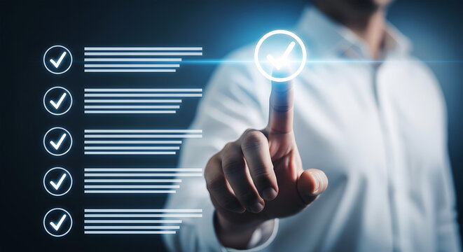 Person touching glowing checkmark on digital checklist with blue light task done