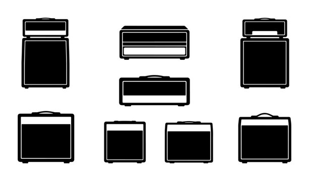 Guitar Amplifier Icons, Vintage Sound Equipment Set, Retro Music Gear Collection