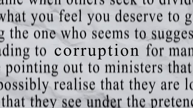 CORRUPTION Text in Centre with High-energy Fast Text Stop-Motion Writing Cycling Rapidly on Crinkled Texture Paper. Newspaper Cuttings Style ani.