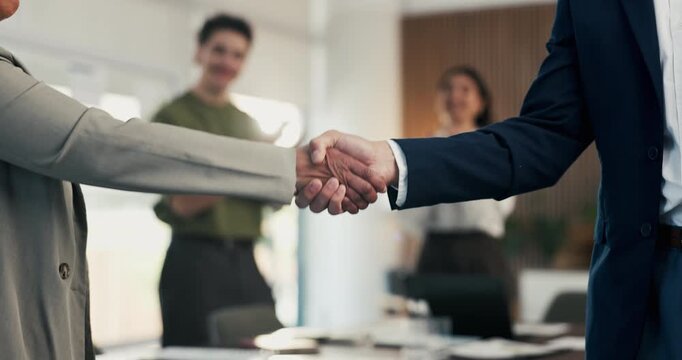 Business people, handshake and celebration with team at office meeting, thanks or goal at finance agency. Group, shaking hands and applause with promotion, success or onboarding at investment company