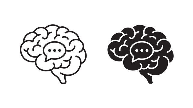 Brain With Speech Bubble Icon In Black And White For Communication Concepts