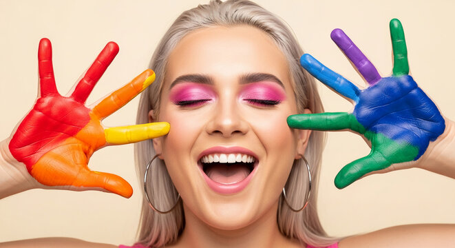 Woman with hands painted in rainbow colors expresses joy, symbolizing pride, diversity, and inclusivity, perfect for celebration or awareness campaigns