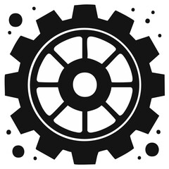 Obraz premium Black and white gear icon with central spokes and surrounding elements, machinery design
