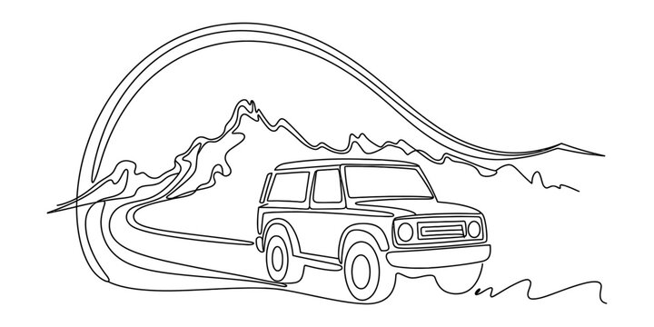 Continuous one line drawing of a 4x4 off road vehicle driving on a winding path near mountains