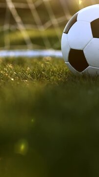 Football near the goal net at sunset