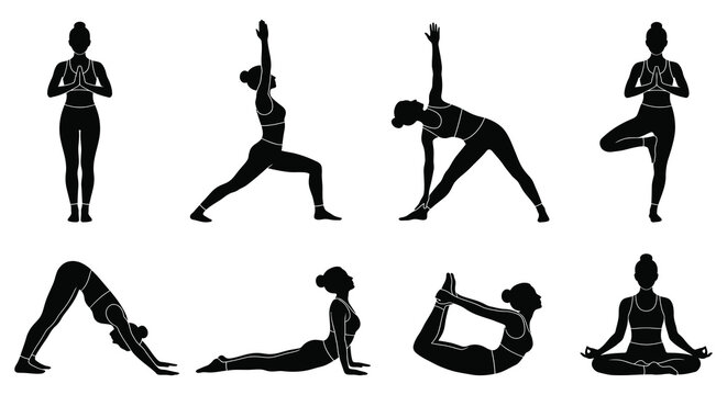 yoga poses silhouettes on a white background