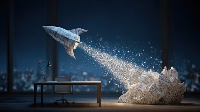 Paper rocket launching from desk of crumpled papers