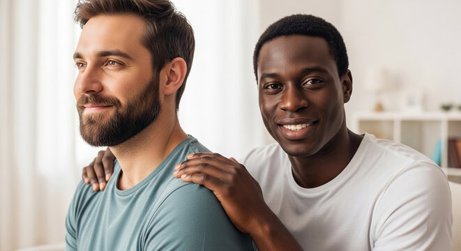 Two men, one Caucasian with beard, one Black, interacting with friendly expressions, symbolizing connection and partnership, representing diversity and inclusivity in a relatable lifestyle context
