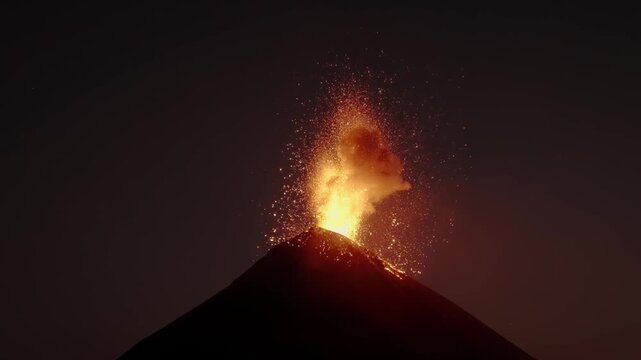 Explosive Fuego Volcano eruption with glowing lava bursts at night Guatemala