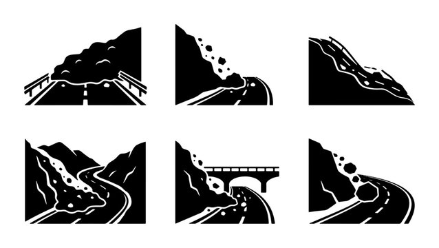 Landslide Icons, Rockfall Vector Set, Mudslide Danger Road Hazard Graphics, Natural Disaster Warning Symbols