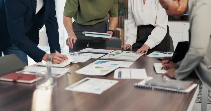 Hands, team and documents at office meeting for charts, review or point with tech at finance company. Business people, group and paperwork for graphs, stats or asset management at investment agency