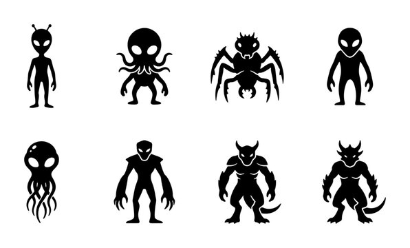 Alien and Monster Icons: Sci-Fi Creatures, Extraterrestrial Beings, Mythical Beasts, Vector Graphics