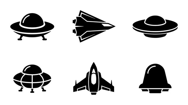 Spacecraft Icons, UFO Flying Saucers, Jet Fighters, Sci-Fi Vector Graphics, Futuristic Transport Set