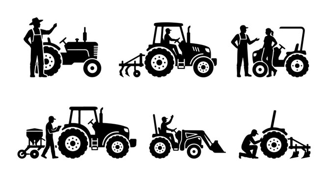 Farm Tractor Icons Set, Agricultural Machinery Vector Graphics, Rural Work Silhouettes