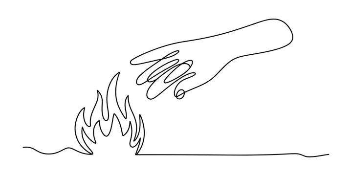 Continuous single line drawing of a human hand reaching out towards a burning fire flame