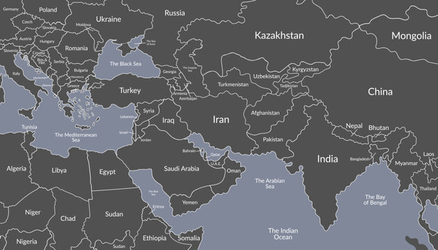 Detailed black political map of the Middle East and nearby regions5. Vector flat background.
