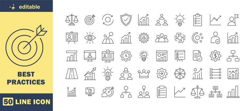 Best Practices Line Icons Set - 50 Simple Outline Business & Management Icons