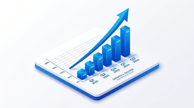Isometric Bar Chart with Upward Arrow Showing Business Growth and Renewal